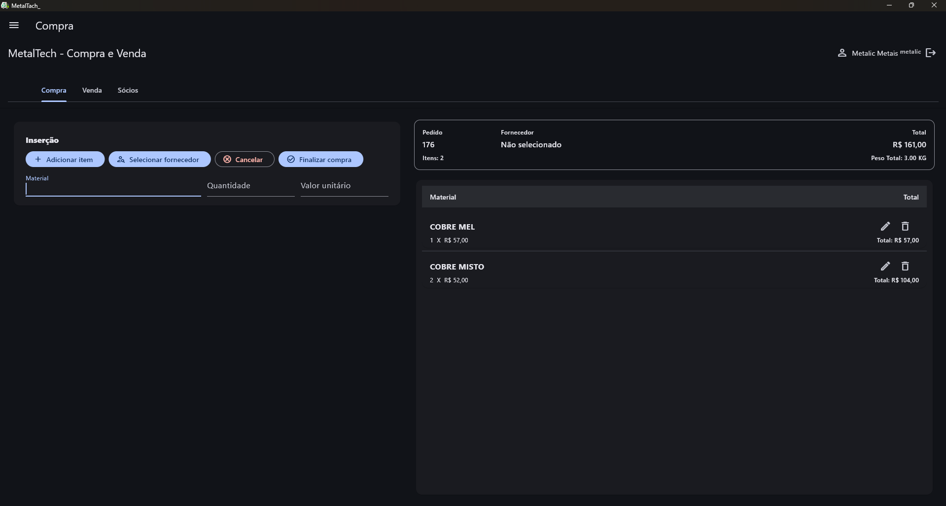 Tela do app MetalTech com gestão de compras e vendas